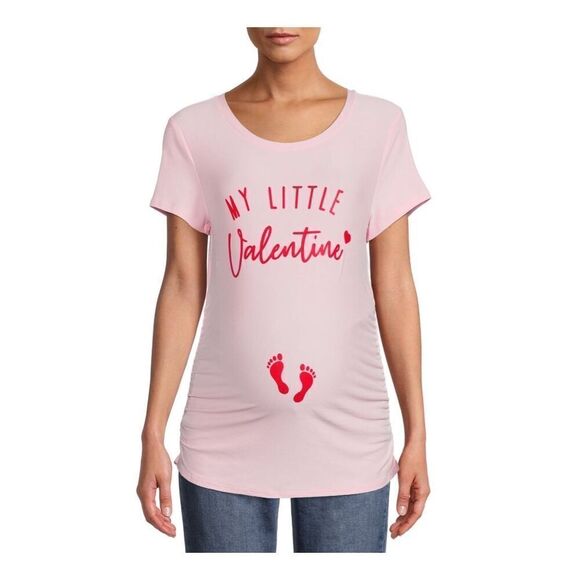 Valentine’s Day Maternity T-Shirt Stretchy Side Ruching Sz Medium Pink Red NWT - Picture 1 of 6
